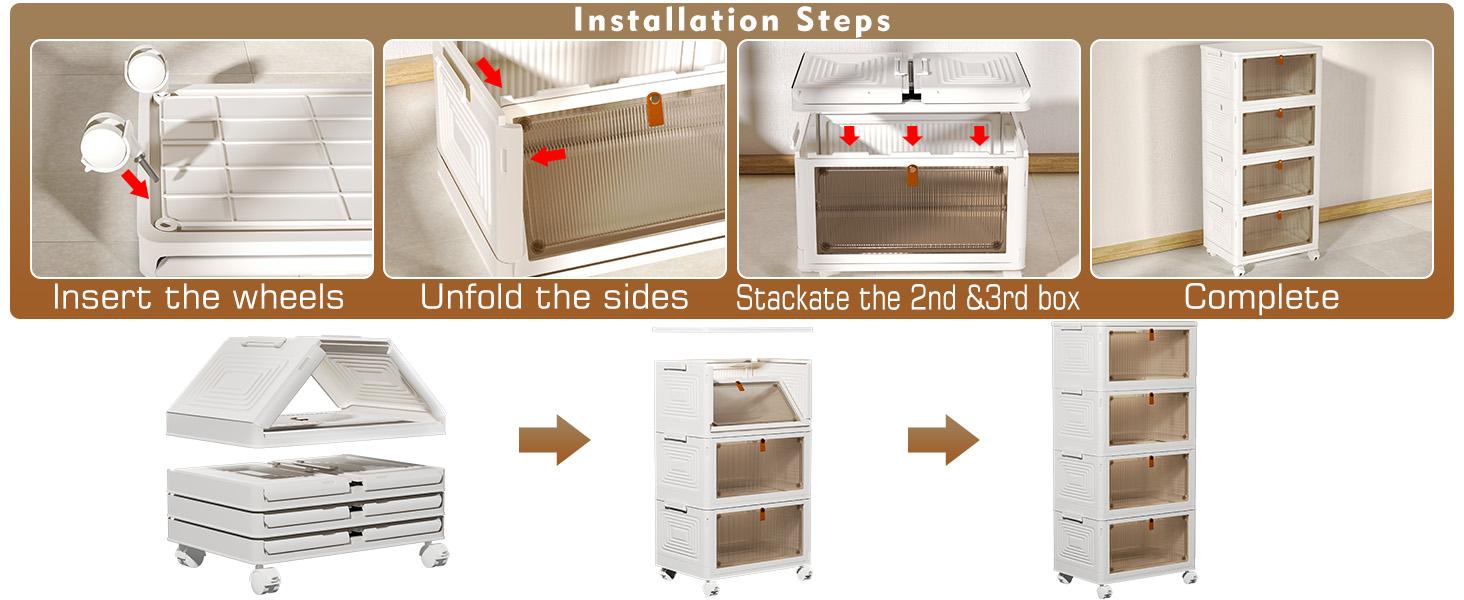 7CODE 4 Tier Plastic Storage Bins with Lids , Stackable Storage Containers with Wheels, Folding Storage Boxes, Collapsible Storage Bins, Closet Organizers and Storage for Living Room,Kitchen,Office,Dorm