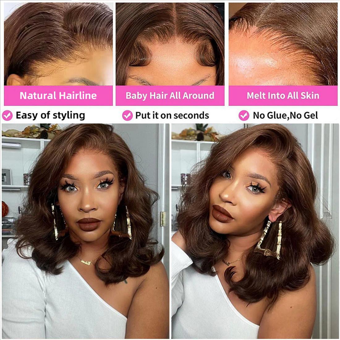 Chocolate Brown Bob Wigs Human Hair Lace Front Wig 13x4 HD Transparent Lace Front Bob Wig Human Hair Pre Plucked with Baby Hair 180% Density Body Wave Bob Glueless Wigs Human Hair