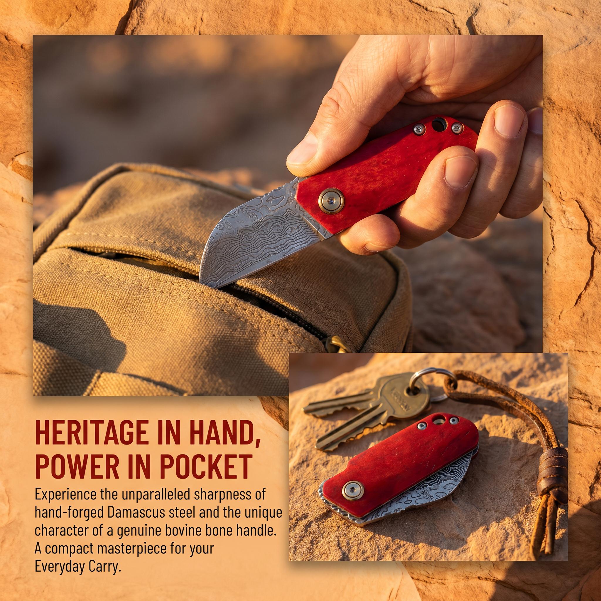 Mini Damascus folding knife, Portable knives, ultra-small and portable, handcrafted Damascus steel blade, dyed cow bone handle, with a hanging rope, practical tool for daily carry-on EDC, outdoor camping and hiking