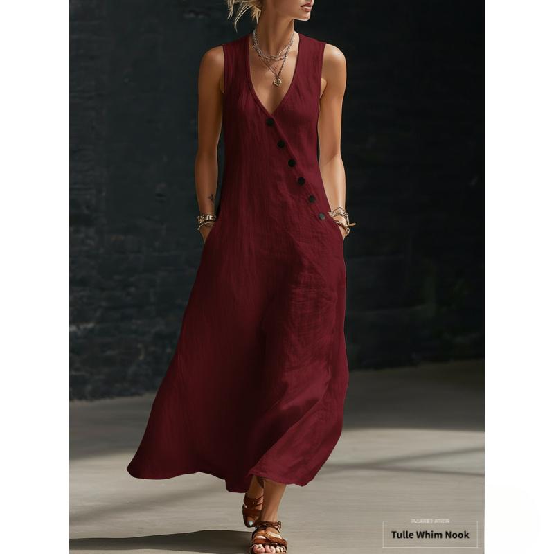 Women's Minimalist Basic Casual Sleeveless Solid Color Buttoned A-Line Tank Dress - New European/American Spring-Summer Normal Type Plus Size Elegant Womenswear, Xxl