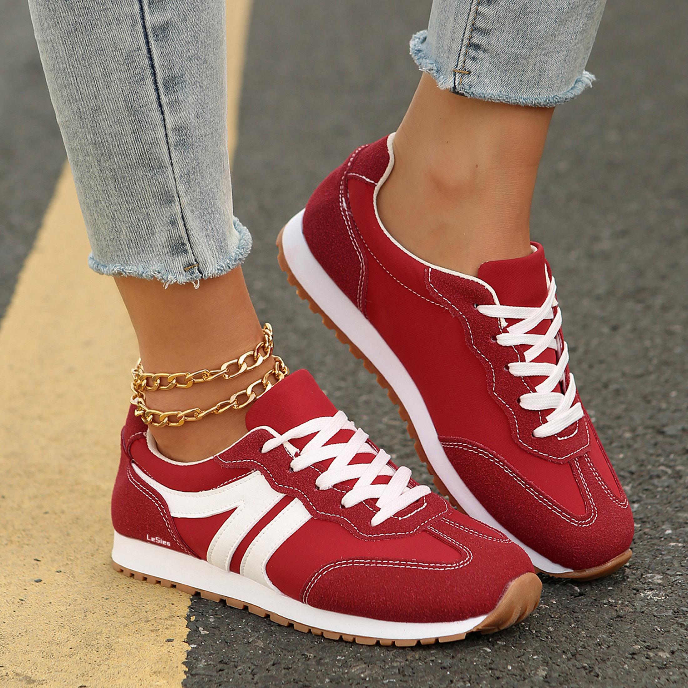 Women Fashion Sneakers With Faux Suede Patchwork & Contrast Color Lacing, Suitable For All Seasons
