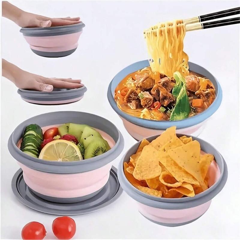 3-Piece Collapsible Silicone Bowl Set with Leak-Proof Lids, BPA-Free Stackable Food Storage Containers, Space-Saving Design, Great for Meal Preparation, Camping, Travel, Picnic and Daily Kitchen Storage