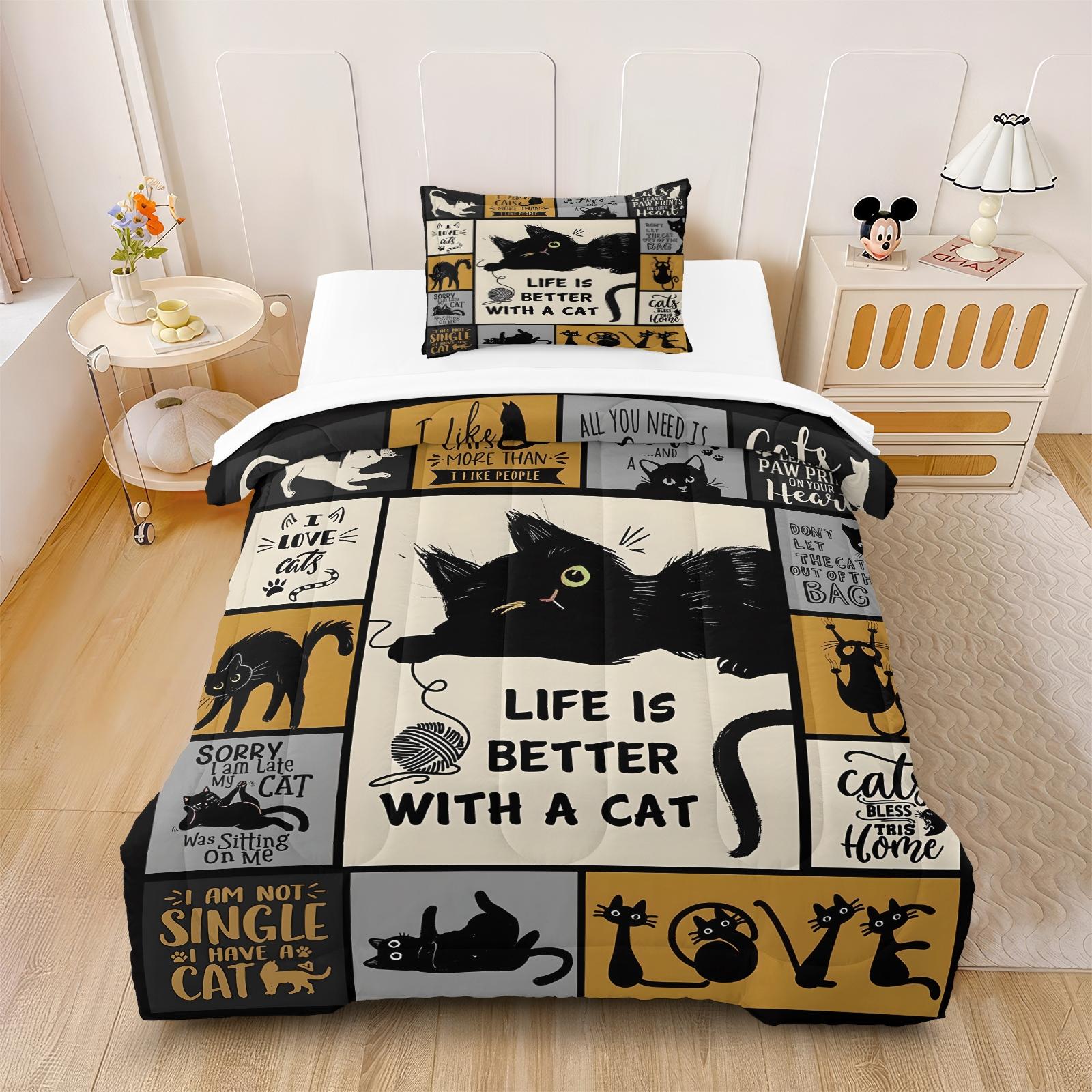 Fresh and Stylish Cat-Print Comforter Set Includes One or Two Blank Pillowcase. Multi-Color Patchwork Design Featuring Black Cats In Different Poses and Playful Slogans,Perfect Bedroom Bedding Soft, Comfortable Bedding Set Gift