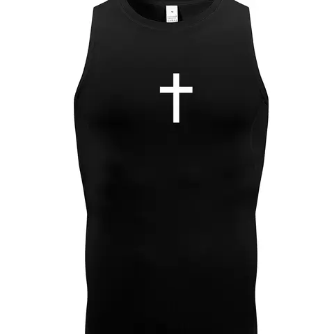 Men's Cross Print Vest Tee, Casual Classic Breathable Sleeveless Round Neck Top for Summer, Men's Top for Daily Wear, Sleeveless Shirts, Sleeveless Tops, Menswear
