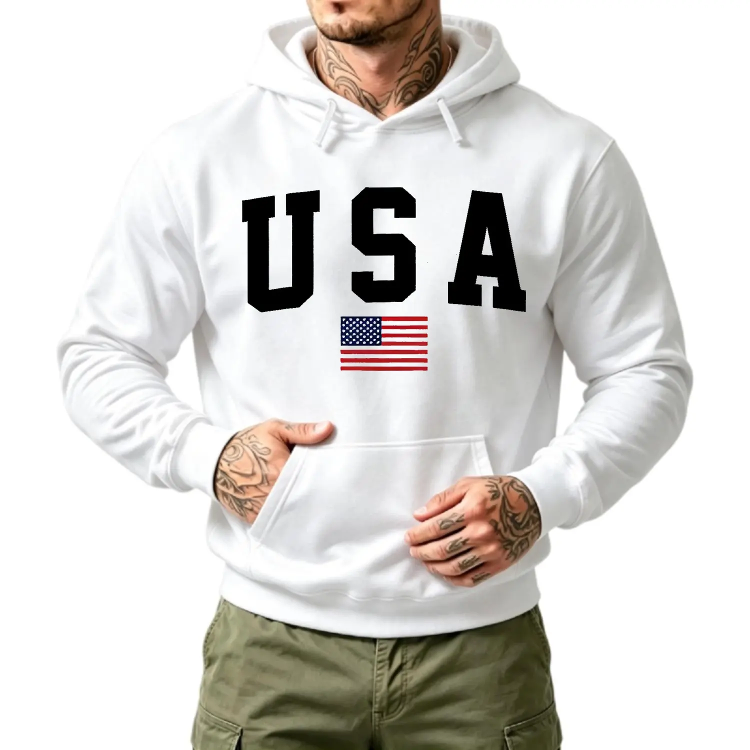 Men's Hoodie with USA Flag Print Front Pocket Casual Long Sleeve Hooded Pullover for Fall Winter White Graphic Bold Lettering American Flag Design Sweater Style Relaxed Fit Comfortable Warmwear