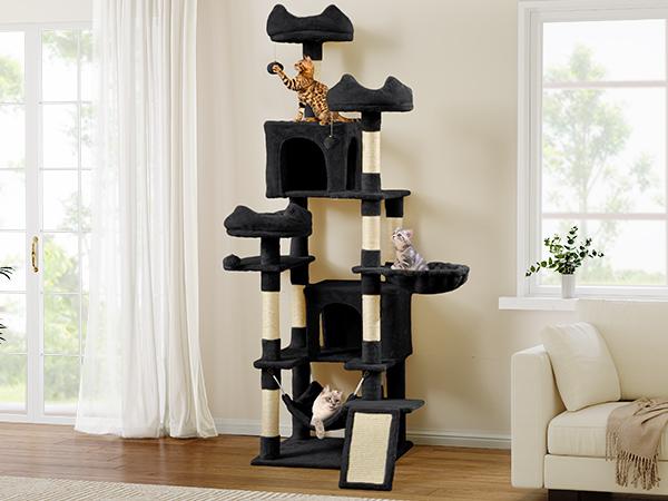 DWVO Tall Cat Tree Tower for Indoor Cats, 75in Multi-Level Cat Climbing Tower with Cat Condos, Top Perches, Hammock, Sisal Scratching Posts and Board, Kittens Play Activity Center