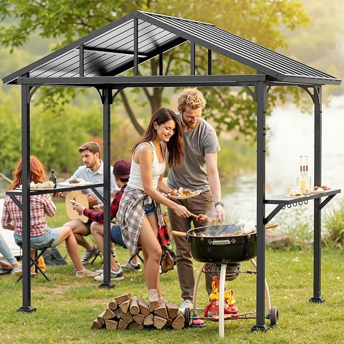 Kullavik 8’x5’ Hardtop Grill Gazebo Black  - Special for Outdoor Barbecue, Aluminum BBQ Gazebo with 2 Side Shelves, Suitable for Outdoor Grilling Station (Iron Top / Polyester Top)