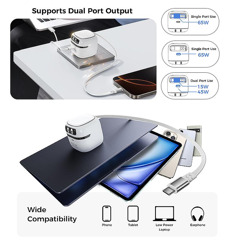 MAGIC JOHN GaN Charger Compatible with 65W Fast Charger with Retractable Type-C Cable, Dual-Port Output, Safer Charging, Paortable for iPhone, iPad, Macbook, Airpods, and Android