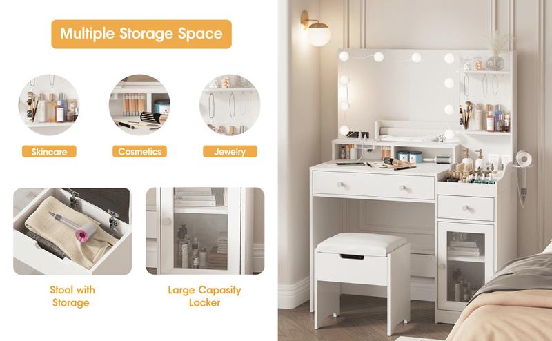Vabches Vanity with Mirror and Lights, Makeup Vanity Table with Charging Station, Cute Vanity Set with Comfortable Bench, Big Vanity with 3 Storage Compartments