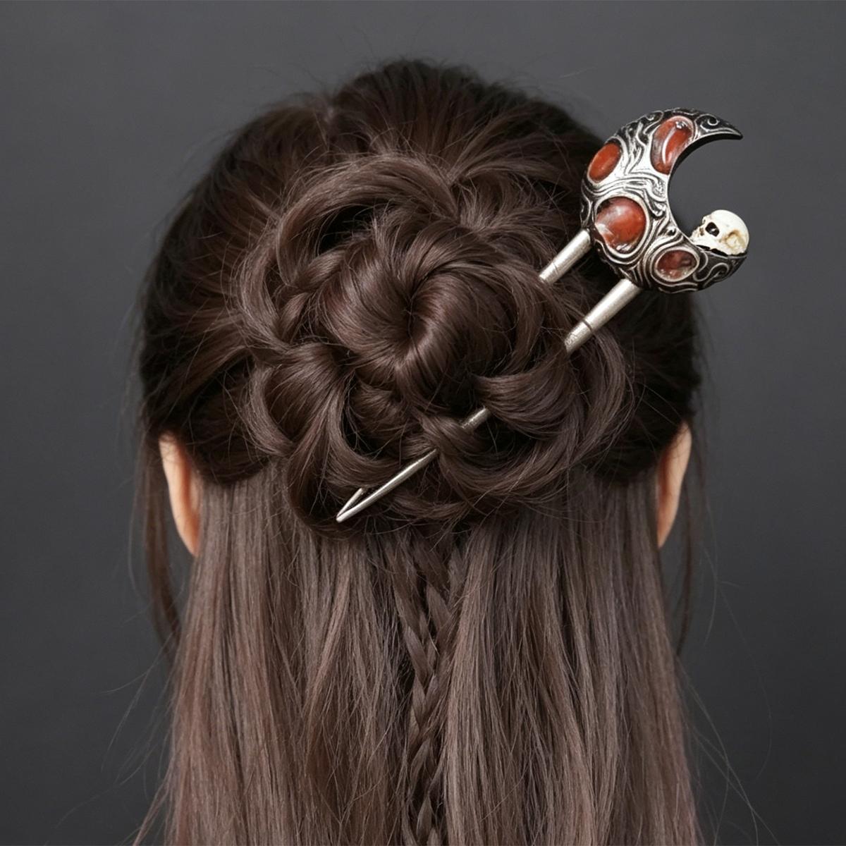 Vintage Crescent Skull Hairpin, Resin Gothic Hair Accessory, Retro Animal Pattern, All Seasons Headwear Gift for Women