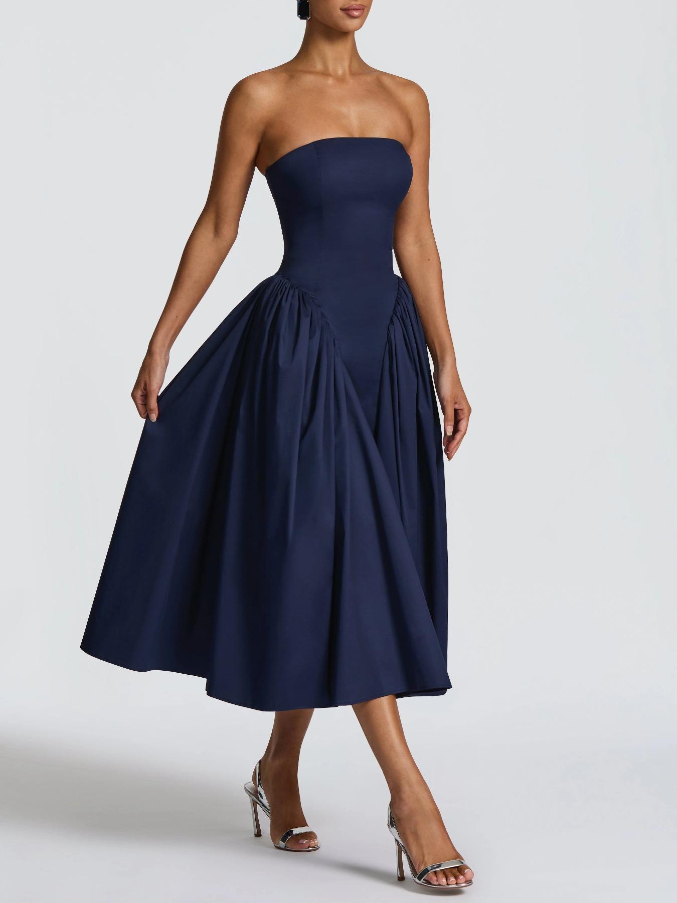 Elegant Midi Plain Color Strapless Dress for Women, Chic and Sophisticated Design for Special Occasions, Stylish Party Dress