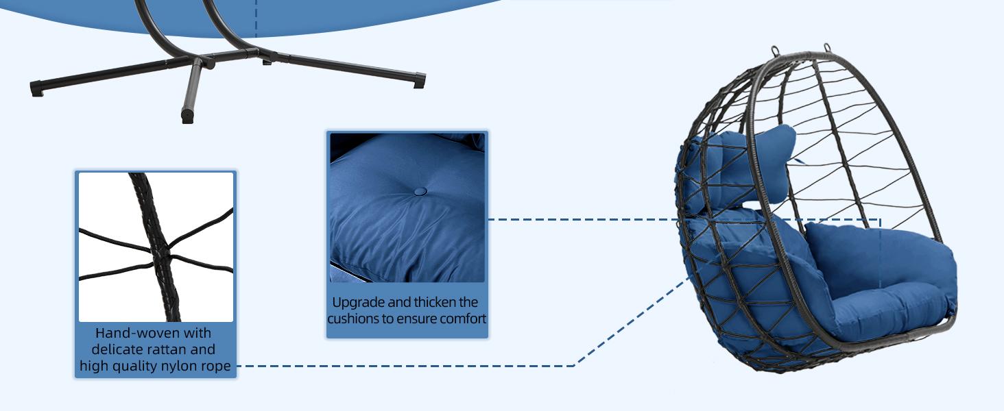 Double Egg Swing Chair with Stand- 600/700 lbs Weight Capacity, Outdoor Indoor Wicker Rattan Hanging Egg Chair with Cushion, Porch Swing Patio Furniture