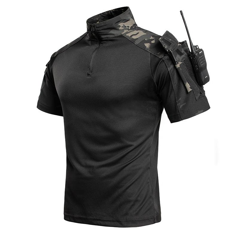 Men's Tactical Short Sleeve T-Shirt, 1/4 Zip Combat Shirt with Arm Pockets, Breathable Quick Dry Military Top for Hiking, Hunting & Outdoor