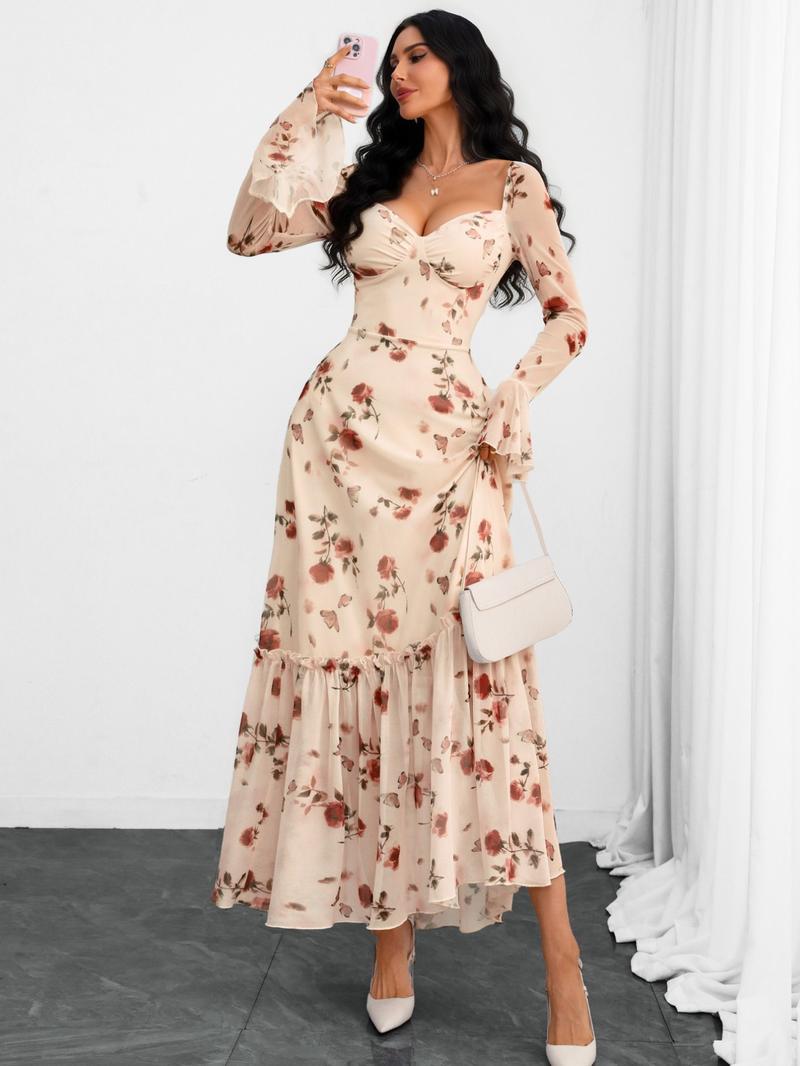 Elegant French Style V-Neck Mesh Dress, Rose Print Layered Backless Design, Breathable Waist Cinching, Romantic Women's Fashion