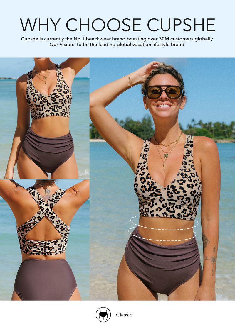 CUPSHE Iconic Leopard Print Midkini Set Swimsuit - High-Waisted Tummy Control Bikini with Cross Back Support (XS-XXL) | 2026 Fierce Vacation Outfits