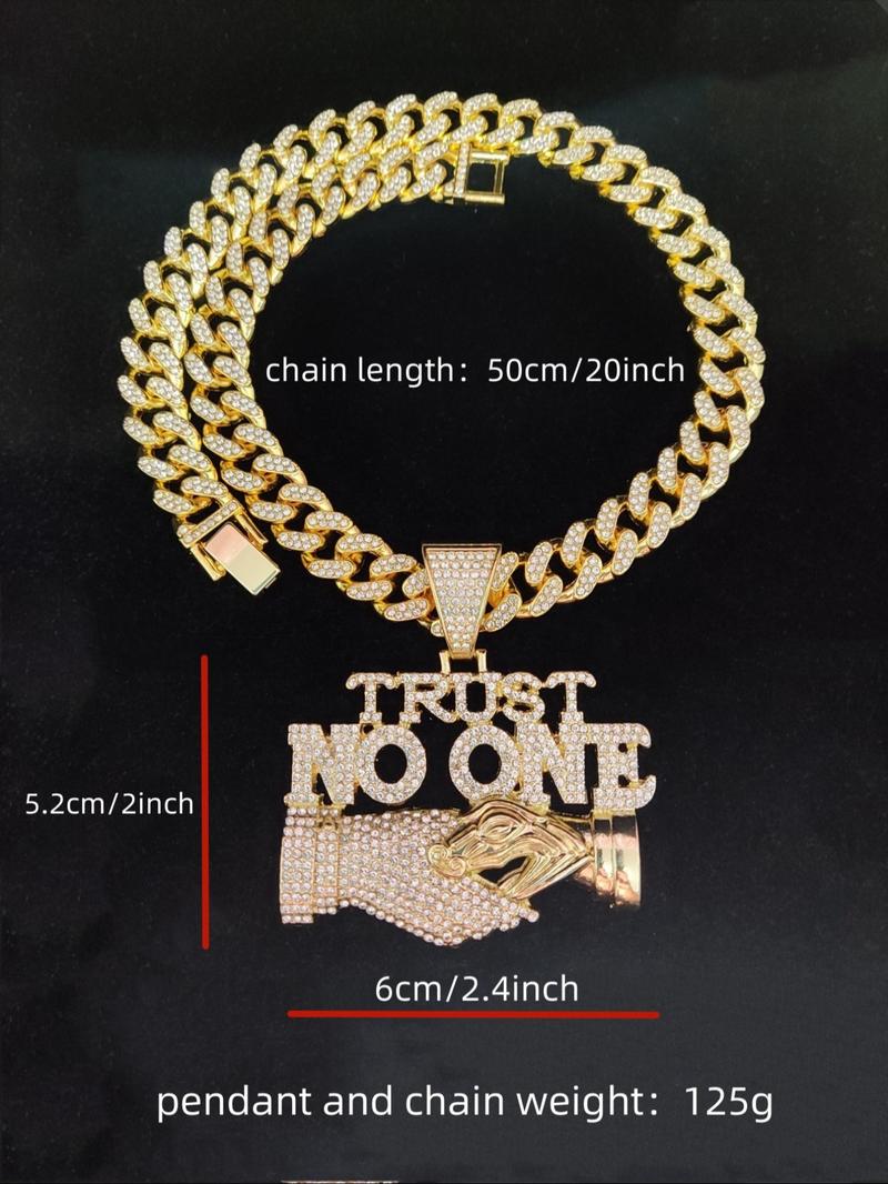 2024 Fashion Rhinestone Decorated Cuban Link Chain Necklace with Letter Handshake Shaped Pendant Design, Punk Casual Trendy Chain Pendant Necklace for Party & Daily Decoration Without Box, Jewel Necklace