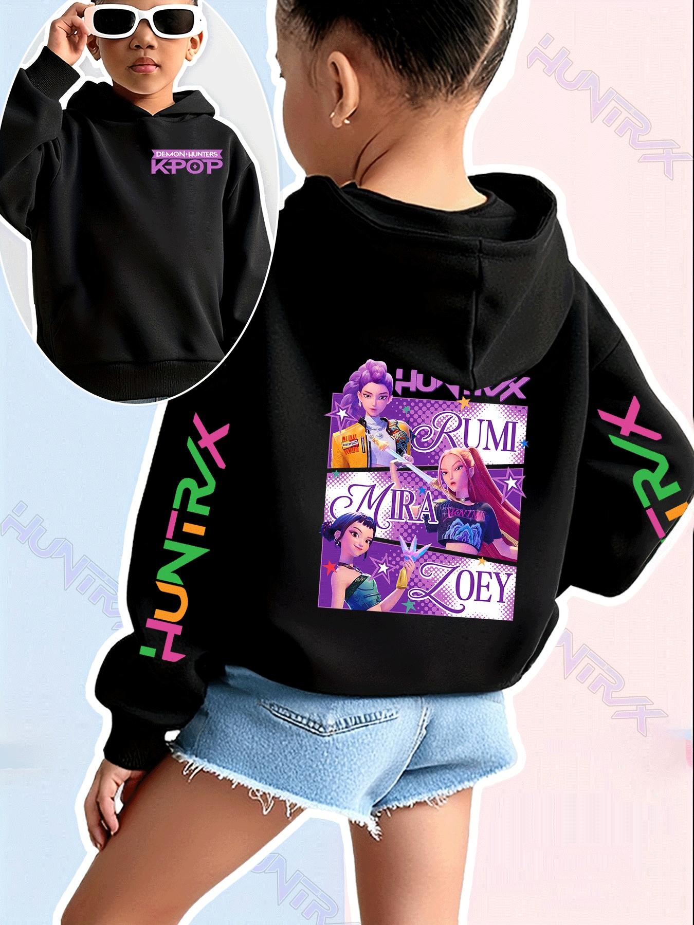 Girls Kpop Demon Hunters Korean Fashion Graphic Casual Hoodie, Spring & Fall Comfortable Sweatshirt, Creative Anime Print, Christmas Gift, Daily Wear