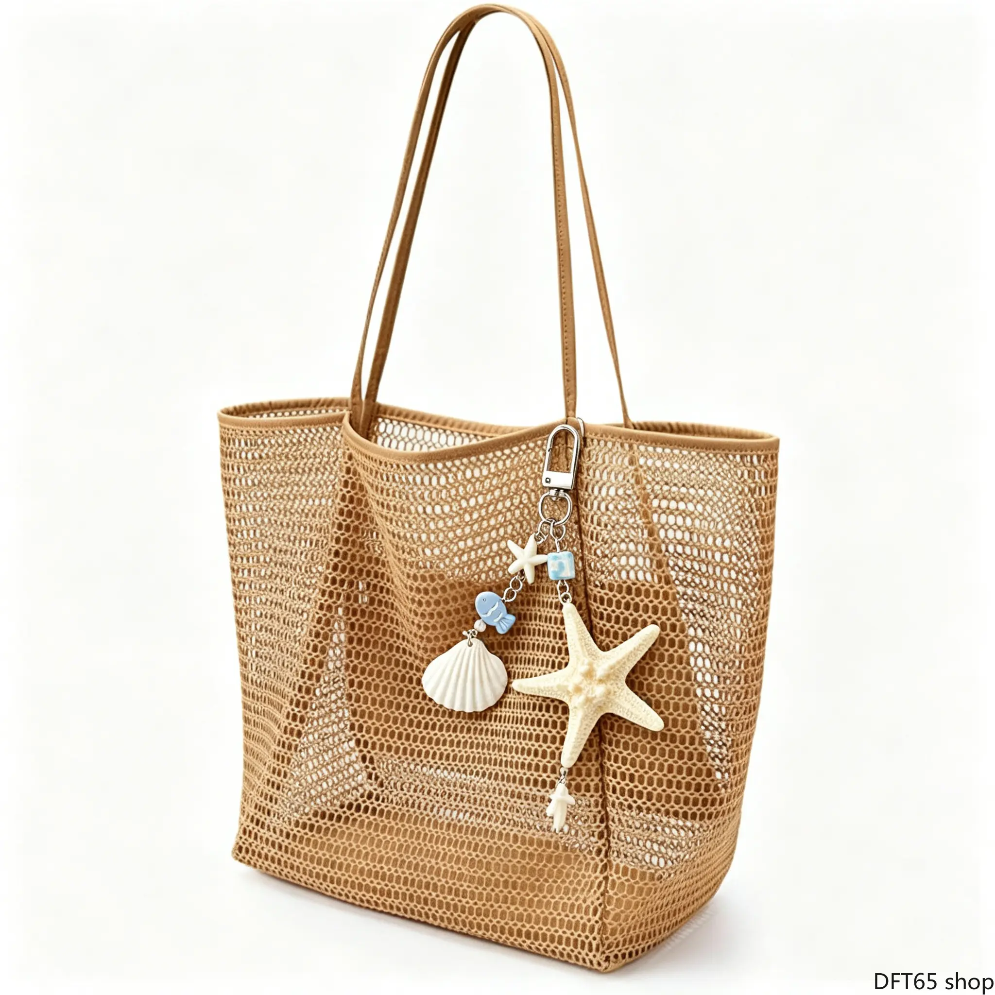 Mesh Woven Large Tote Bag With Seashell And Starfish Pendant, Breathable Open-Weave Shoulder Handbag For Beach Travel And Daily Outdoor Storage Use