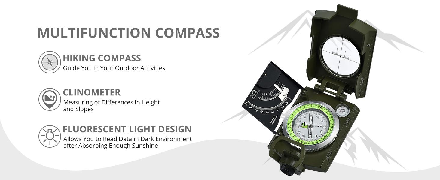 Proster Lensatic Sighting Compass IP65 Waterproof with Clinometer Bag | Waterproof Shockproof Built-in Clinometer Luminous Dial Arrow Metal Foldable Lid For Camping Hiking Hunting Geology