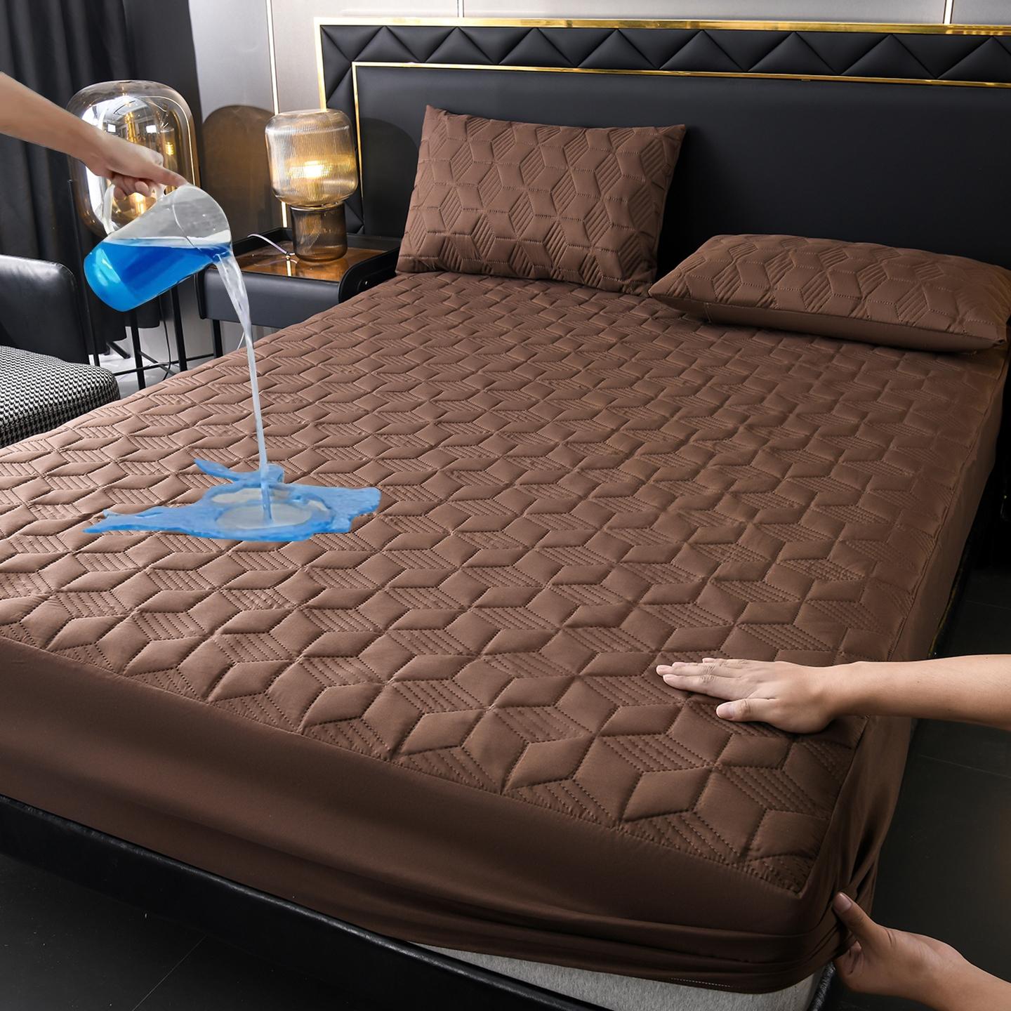 Waterproof Quilted Fitted Sheet Set - 3 Pieces (1 Mattress Cover + 2 Pillowcases), Deep Pocket, Navy Blue