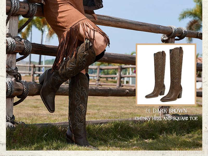 Wetkiss Knee High Cowboy Cowgirl Boots for Women, Western Boots with Pull On Tab, Chunky Heel Design, Unique and Stylish  ,Women's Shoes,Women's Boots  Footwear  #TikTokShopStockUp