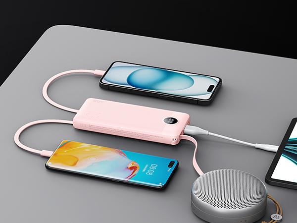 VRURC 10000mAh Portable Power Bank with 4 Built-in Cables Fast Charging 22.5W for All Phones Micro USB Type-C Compatible with iPhone Samsung Android Tablet iPad Earbuds Pink Lanyard Chargeable Charger Smartphone