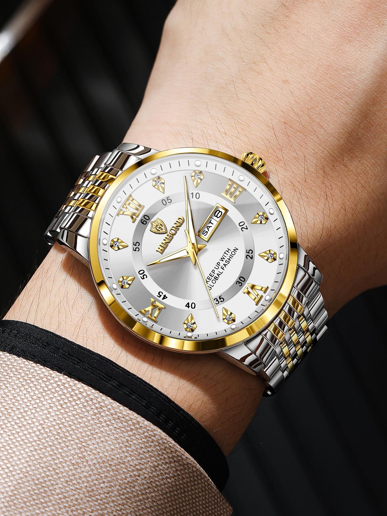 Binbond Waterproof Luminous Men's Watch, Automatic Self-Wind Quartz Wristwatch, Calendar Date Week Display, Trendy Fashion Timepiece Binbond Waterproof Luminous Men's Watch, Automatic Self-Wind Quartz Wristwatch, Calendar Date Week Display, Trendy Fashion Timepiece