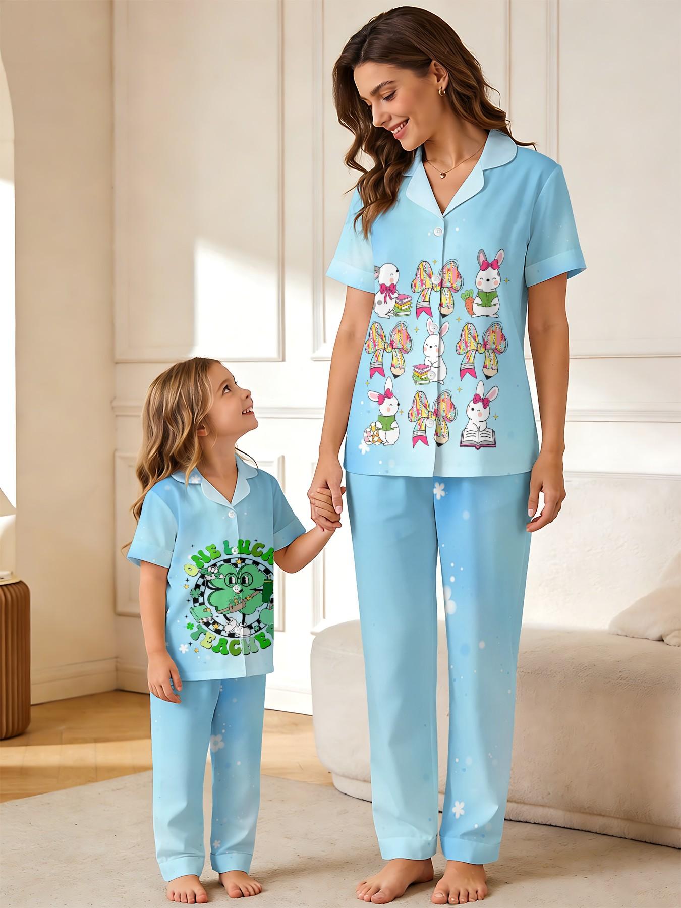 Family Theme Rabbit Bow Sleepwear, Fresh Milk Blue, Mother-Daughter Atmosphere, Casual Slim-Fitting Pajamas, Random Print Design