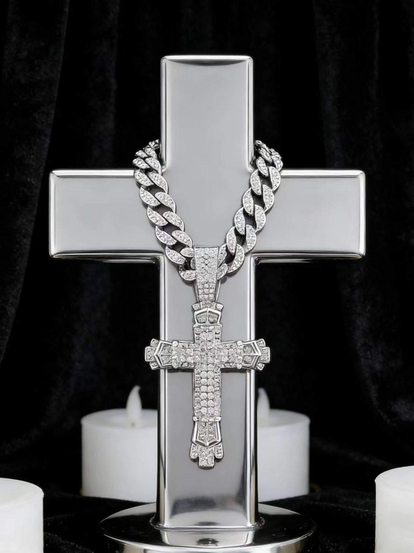 Rhinestone Decorated Cross Pendant Necklace, Cross Necklaces, Cuban Link Chain, Fashion Jewelry for Party, Daily Wear Accessory, Trendy Versatile Jewelry for Birthday Gifts, Fashionable Jewelry Accessories