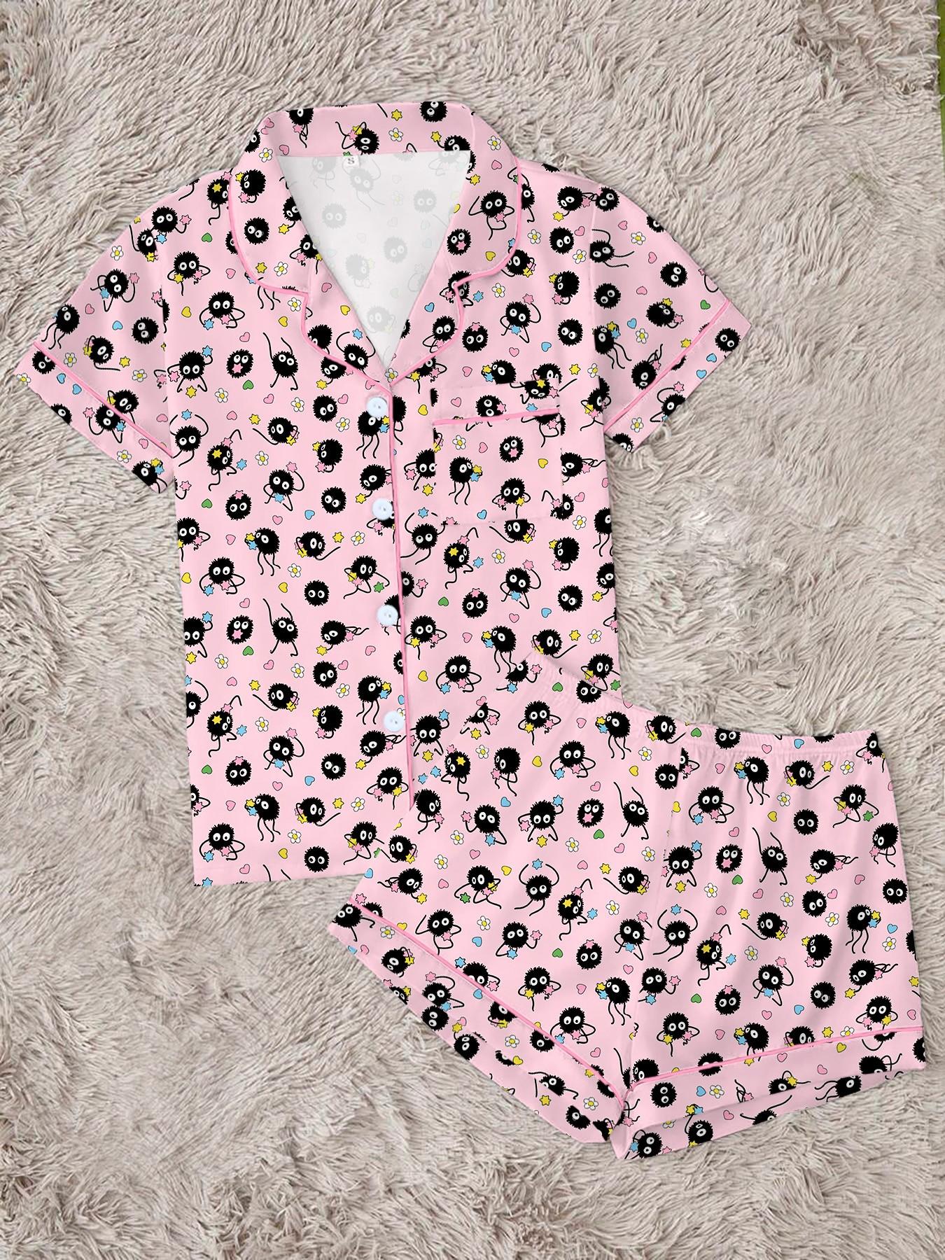 Cartoon Print Women's Pajama Set, Pjs, Comfortable Two-Piece, Short Sleeve Button-Up Top and Elastic Shorts, Casual Home Wear, Loungewear, Nightwear, Party Gift