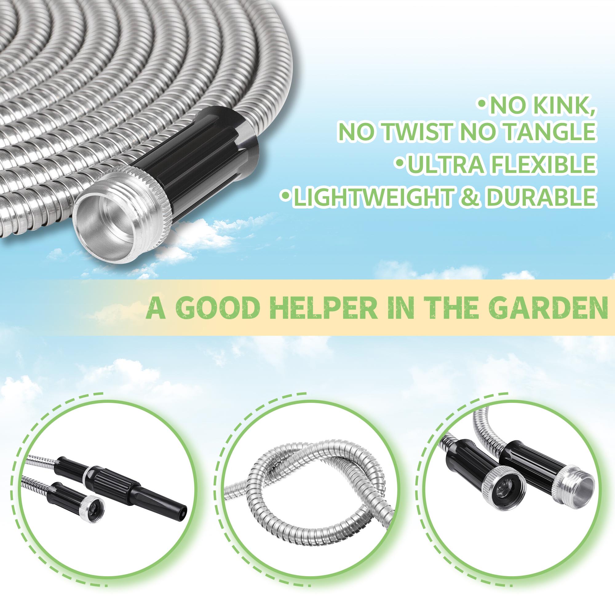 findmall 25/50/75/100FT Stainless Steel Metal Garden Water Hose Pipe Flexible With Nozzle