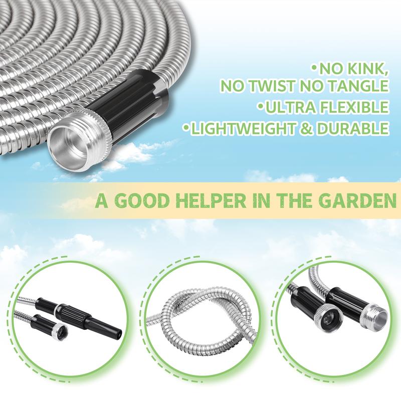 findmall 25/50/75/100FT Stainless Steel Metal Garden Water Hose Pipe Flexible With Nozzle