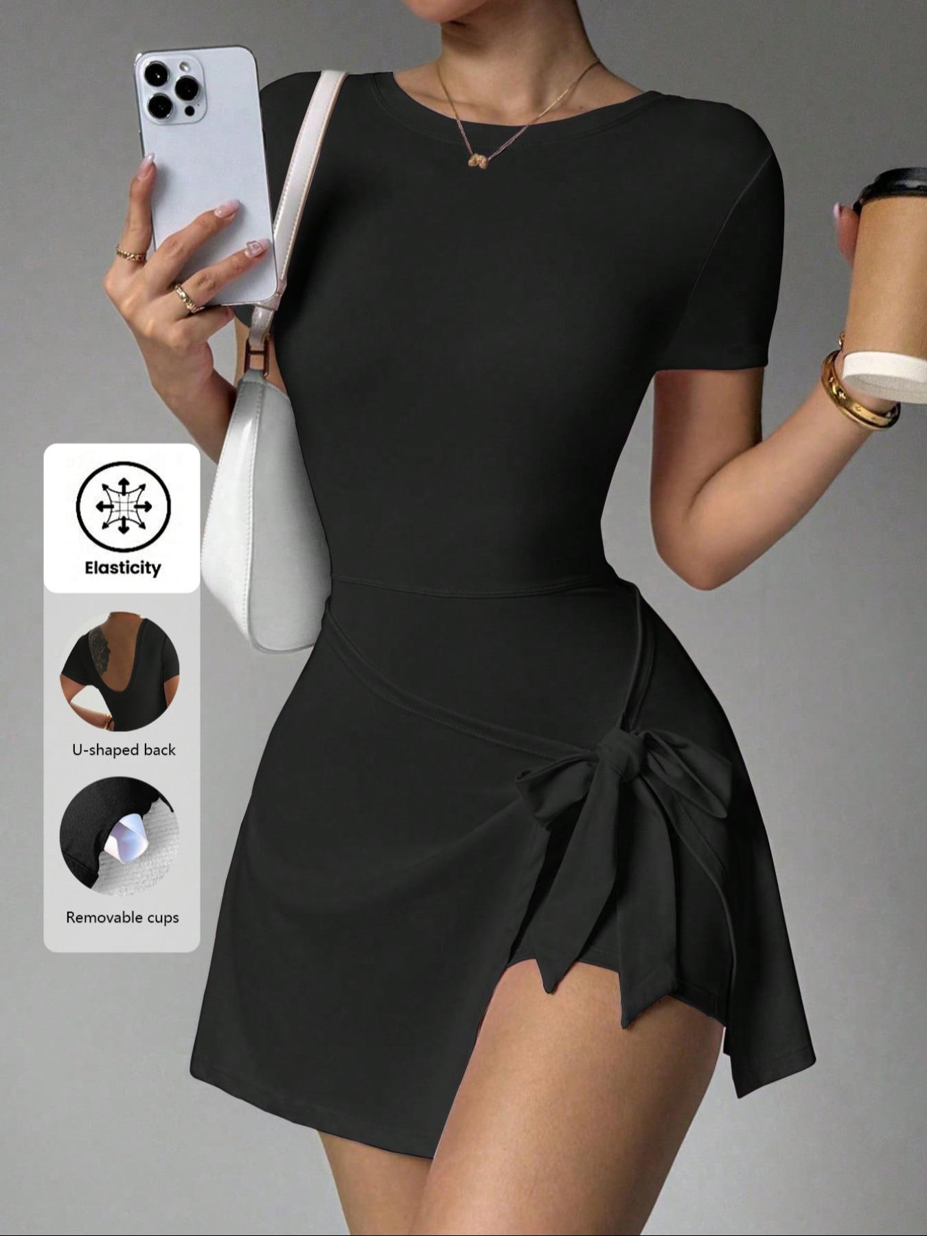 New Plain Short Sleeve Jumpsuit with Tie Waist, Stylish Yoga Tennis Dress for Women, Trendy Sporty Bodysuit for Active Lifestyle, Workout Dress New Plain Short Sleeve Jumpsuit with Tie Waist, Stylish Yoga Tennis Dress for Women, Trendy Sporty Bodysuit for Active Lifestyle, Workout Dress