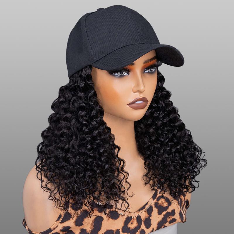 Wavymy Water Wave Hat Wigs Baseball Cap Wigs With Natural Color Human Hair Attached 100% Human Hair Styled-to-Go