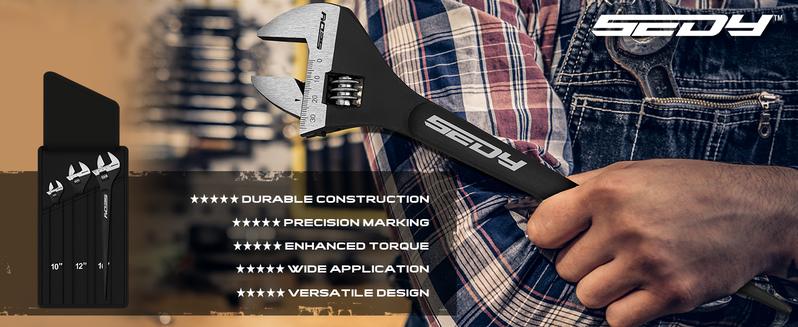 3-Piece Adjustable Spud Wrench Set, 10-inch, 12-inch, 16-inch, SAE and Metric Scale Marked, CR-V Steel with Black Oxide Finish