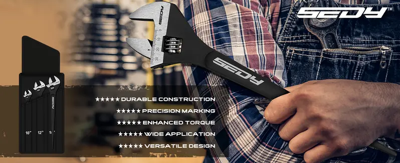 SEDY Heavy-Duty 3-Piece Adjustable Spud Wrench Set for Mechanics, 10-in, 12-in, 16-in, SAE/Metric Scale Marked, CR-V Steel with Black Oxide Finish for Maintenance