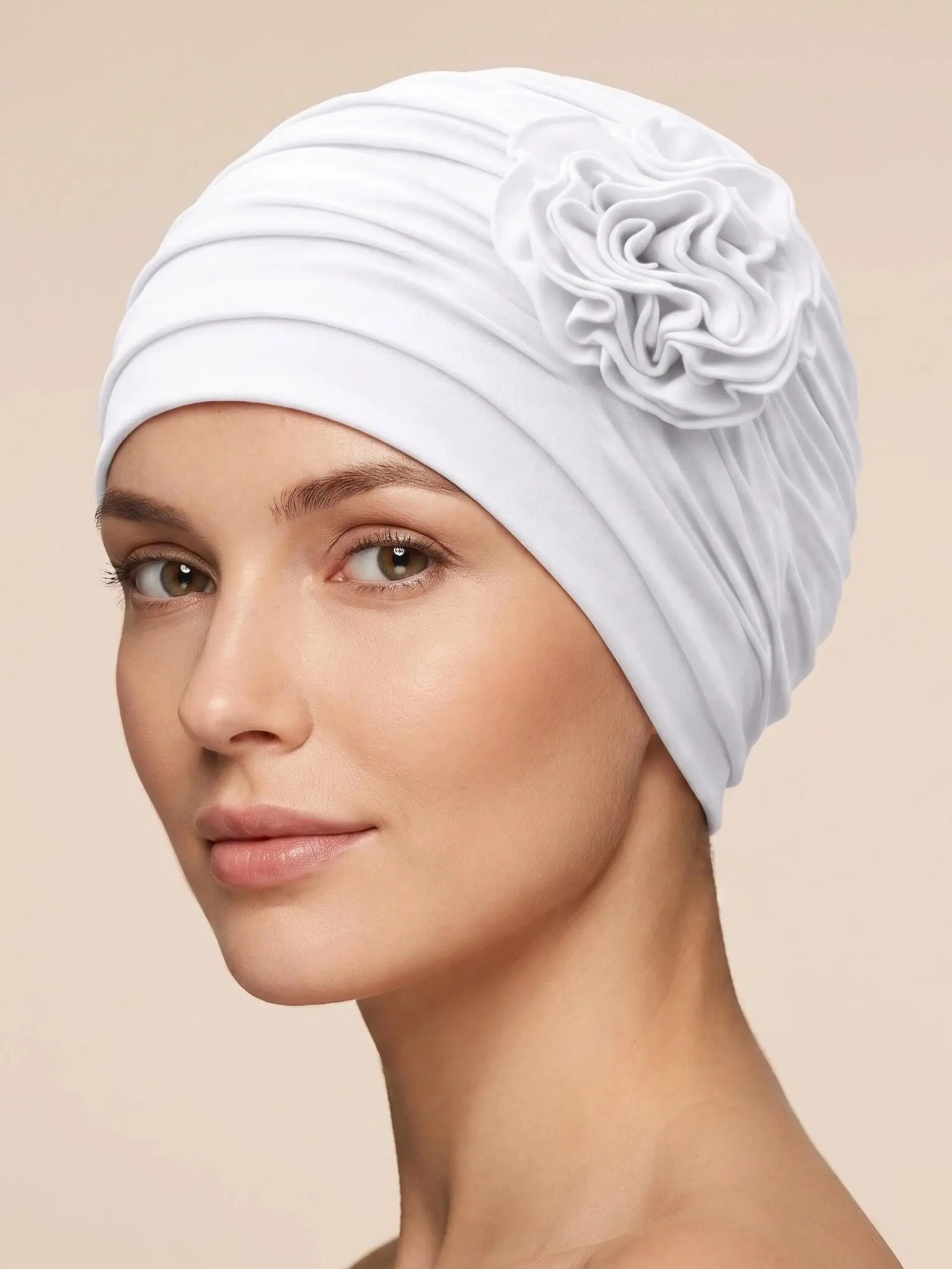 Double Layer Pleated Headscarf Hat, 3D Flower Decoration, Fashion Hooded Hat, Soft Elastic Fabric, Women's Casual Hat