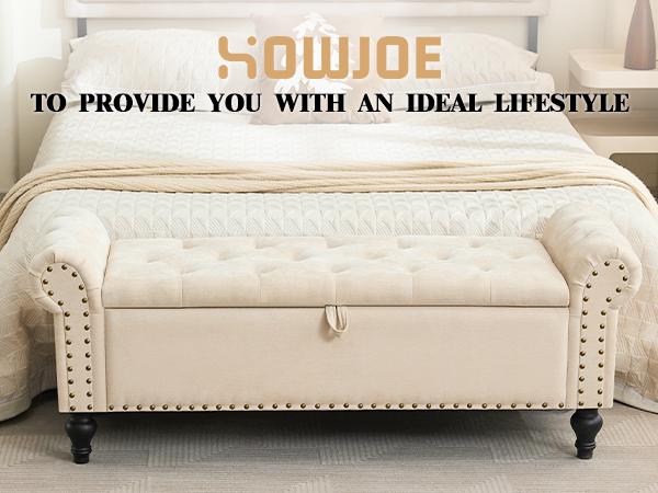 51" Bedroom Storage Bench, End of Bed Bench, Chenille Upholstered Benches, Ottoman with Storage, Window Benches with Rolled Arm and Nailhead Trim for Living Room, Entryway,