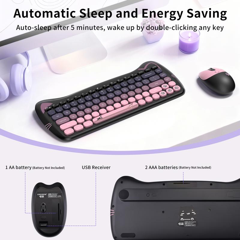 Mofii Pink Cat Keyboard and Mouse Combo, 2.4G Wireless Connection, Cute Aesthetic, Silent Office Use, Compact 2-Zone Keyboard, Universal for Desktops & Laptops, US QWERTY Layout (Batteries Not Included)