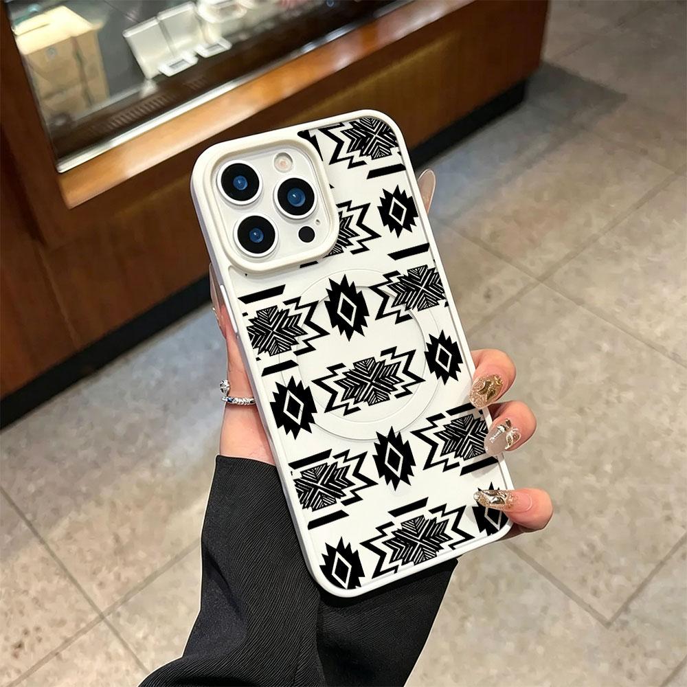 Southwestern Aztec Phone Case for iPhone 17 16 15 14 13 12 11 Pro Max, Black and White Tribal Pattern Protective Cover, Western Style Gift for Men Women
