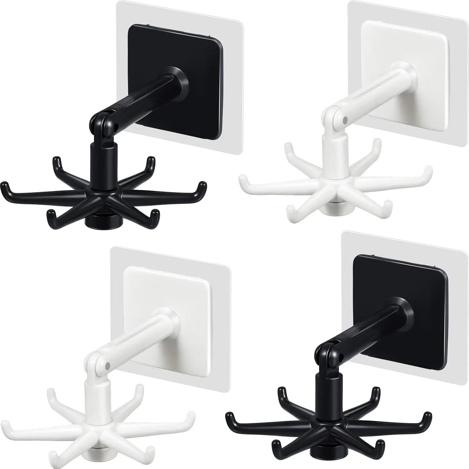 Jetec 4 Pcs 360 Rotating Folding Hook Self-Adhesive 6 Hooks,Black, White