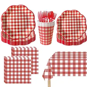 Party Supplies Set, 10-Person Plaid Design, Includes Tablecloth, Paper Plates, Cups, Napkins, Cutlery, Ideal for Birthday Parties