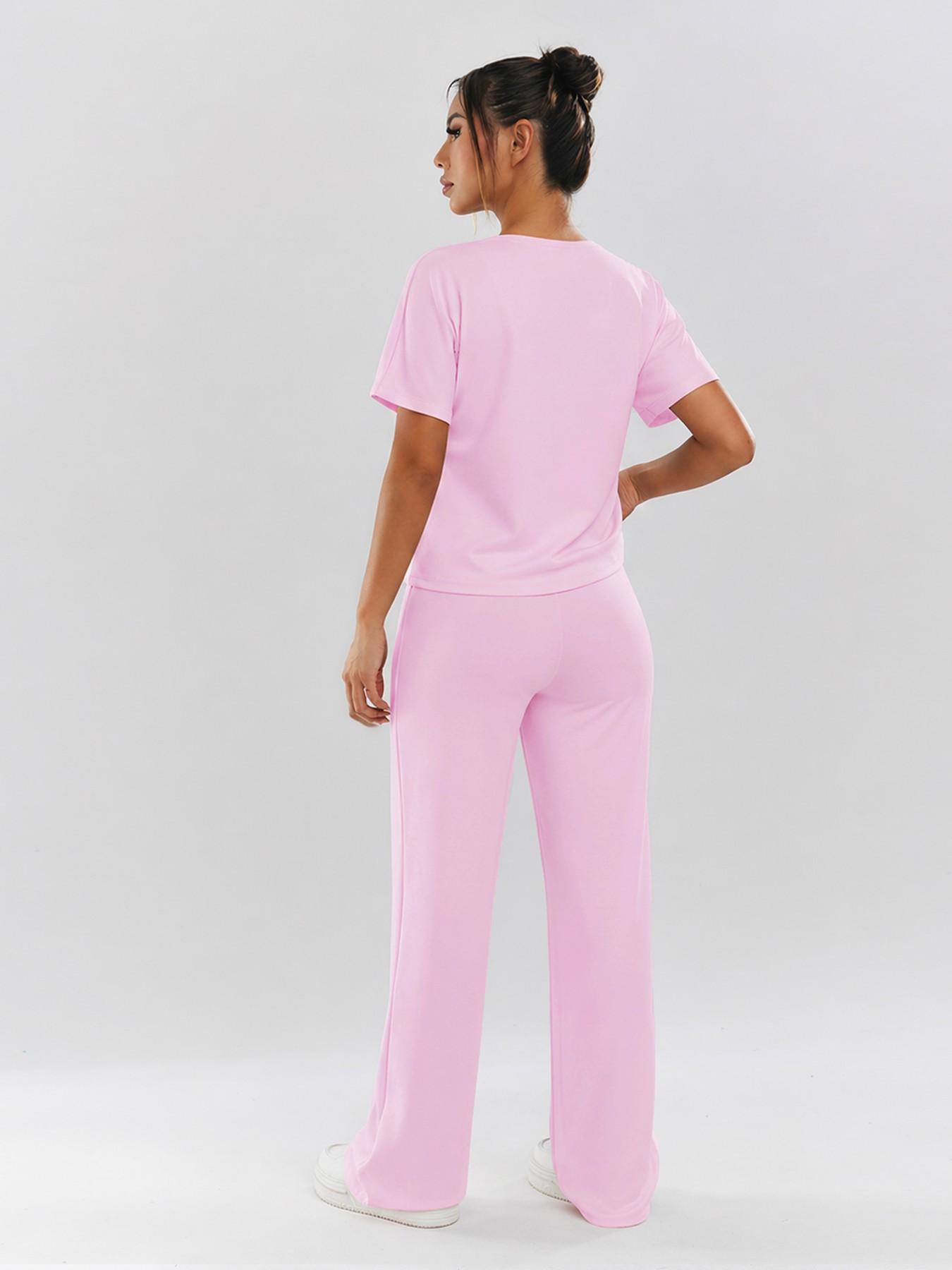 Women's Two-Piece Set, Loose-Fit Short Sleeve Top & High Waist Wide-Leg Pants, Breathable Fabric, Ideal for Yoga, Gym & Running, Athleisure Gym Clothes, Casual Activewear Set, Loose Casual Athleisure