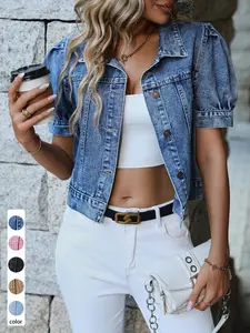 Women's Short Denim Jacket, Bubble Sleeve Single Button Denim Top, Vintage Washed Summer Casual Outerwear, Stylish and Comfortable
