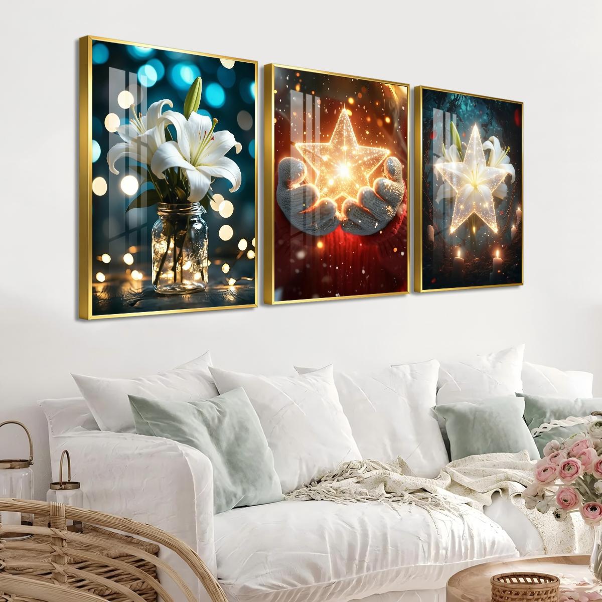 3 Counts Aluminum Alloy Framed Painting, White Lily And Glowing Star Art Pictures, Home Decoration For Living Room, Bedroom, Office, Restaurant, Hallway Wall Decor, Odorless Print Artwork, Luxury Perfect Gift For Friends And Family