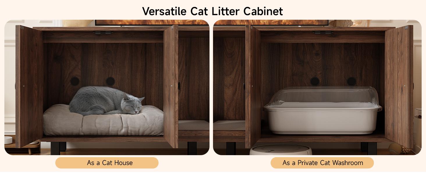 【SPOTLIGHT DAY】ONBRILL 59 Inches Cat Litter Box Enclosure for 2 Cats, Hidden Litter Boxes Furniture with Cat Scratch Pad, Large Indoor Pet House with Double Room, Wooden TV Stand Side Table