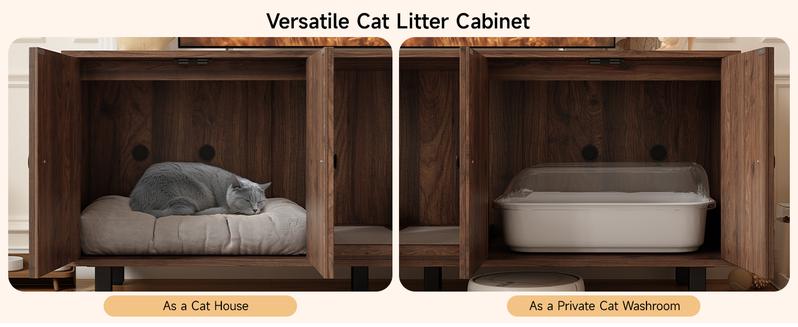 【Valentine's Day gift】ONBRILL 59 Inches Cat Litter Box Enclosure for 2 Cats, Hidden Litter Boxes Furniture with Cat Scratch Pad, Large Indoor Pet House with Double Room, Wooden TV Stand Side Table