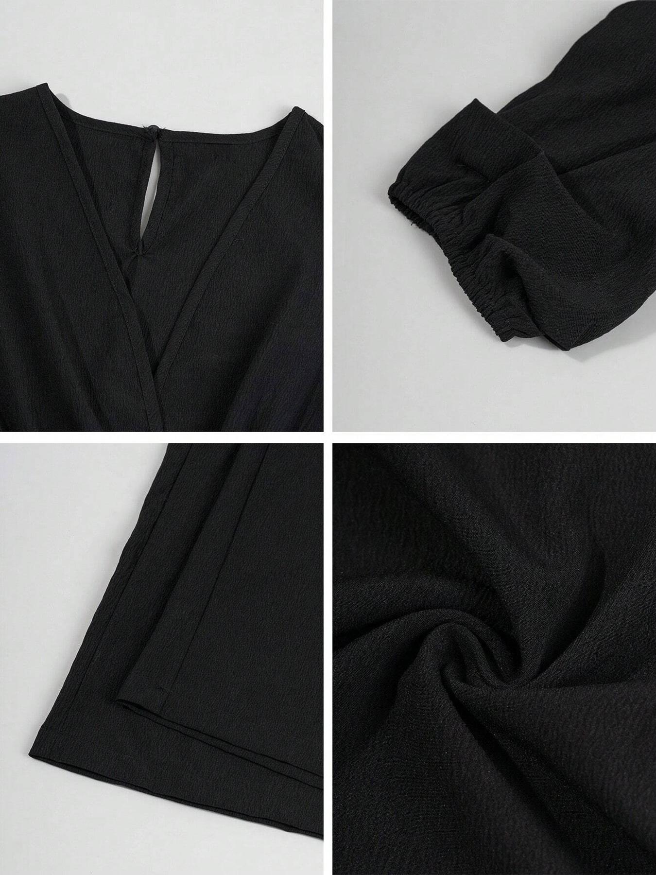 Women's Solid Color Aesthetic Puff Sleeve Wide-Leg Pleated Jumpsuit , Structured Material Fabric & Cutout Waist Detail & High-Waisted Silhouette & Fitted & Loose Legs & Multi-Color Options 1pc