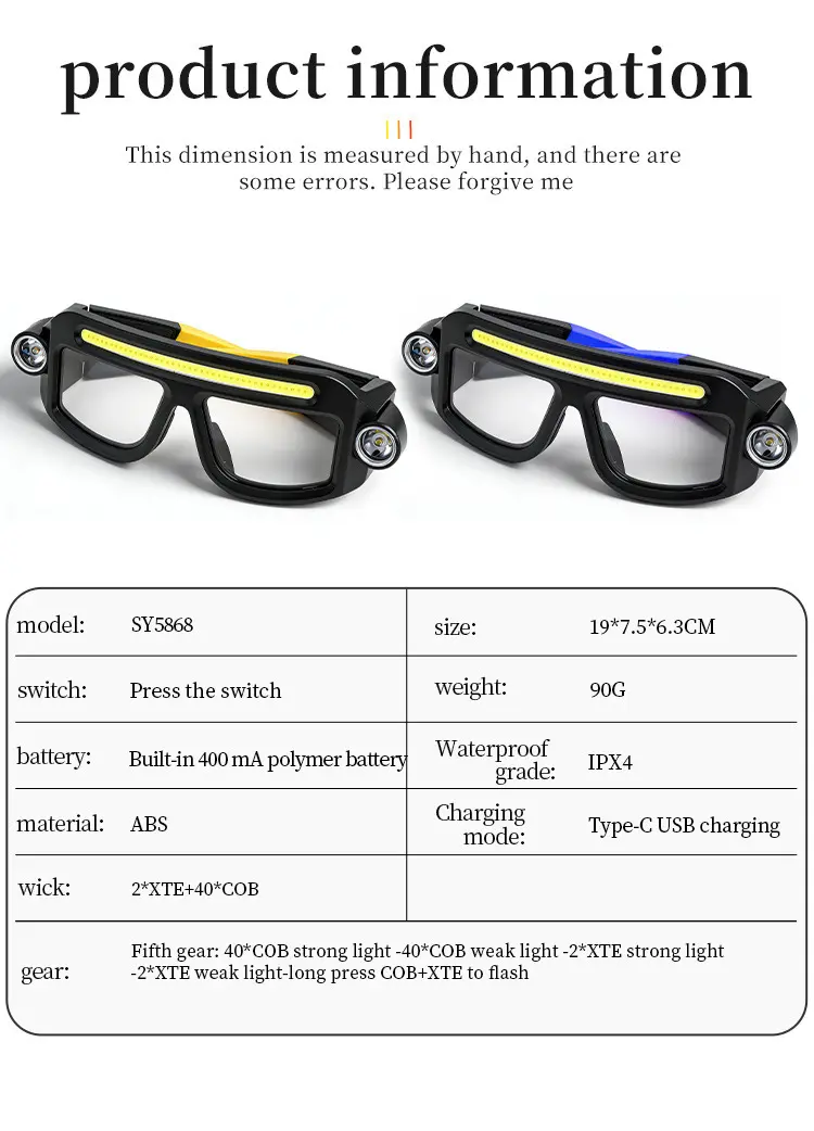 Wearable Glasses‑Style LED Work Light, Multi‑Light Source Rechargeable Hands‑Free Lamp, Light‑Weight Head‑Worn Torch for Maintenance, Night Fishing and Riding