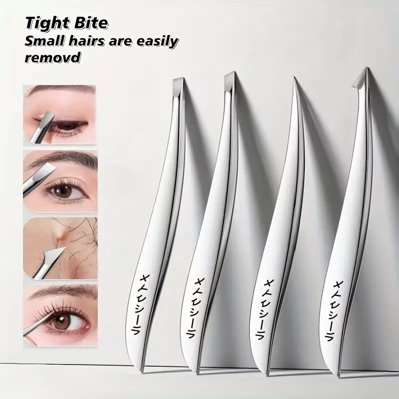 4-piece premium stainless steel tweezers set, designed for meticulous grooming. Ideal for eyebrow shaping, facial hair removal, precise pinching, and blackhead extraction. Slender pointed tips handle all beauty needs with ease